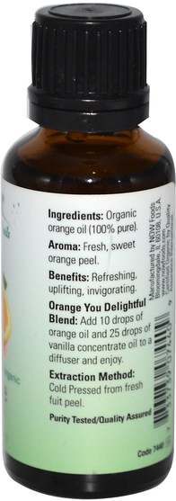 沐浴，美容，香薰精油，橙油 - Now Foods, Organic Essential Oils, Orange, 1 fl oz (30 ml)