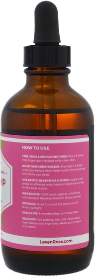 沐浴，美容，香薰精油，玫瑰果籽油 - Leven Rose, 100% Pure & Organic Rosehip Oil, 4 fl oz (118 ml)