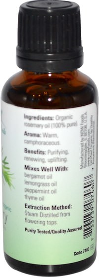 沐浴，美容，香薰精油，迷迭香精油 - Now Foods, Organic Essential Oils, Rosemary, 1 fl oz (30 ml)