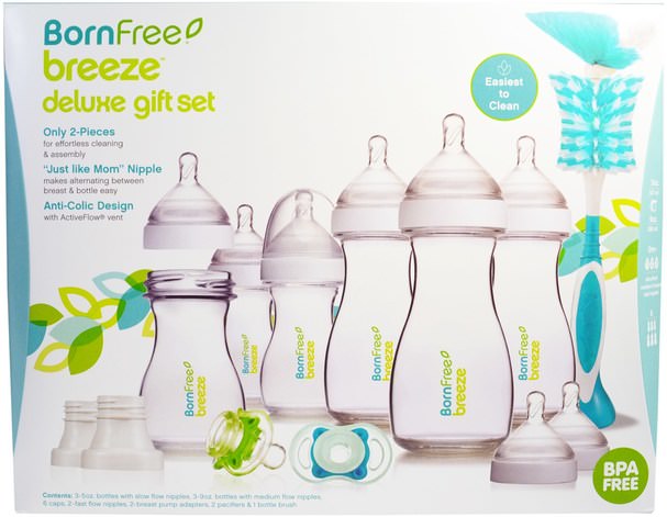 洗澡，美容，禮品套裝，嬰兒餵養，嬰兒奶瓶 - Born Free, Breeze Deluxe Gift Set, 0m+, 6 Bottles, 9 oz (266 ml) Each