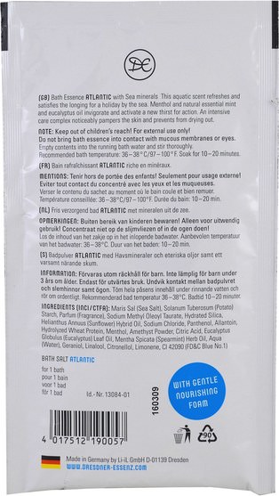洗澡，美容，浴鹽 - European Soaps, Dresdner Essenz, Bath Essence, Atlantic, 2.1 oz (60 g)