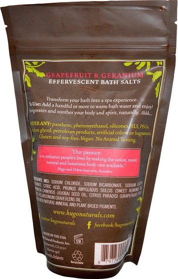 洗澡，美容，浴鹽 - Hugo Naturals, Effervescent Bath Salts, Grapefruit & Geranium, 14 oz (397 g)
