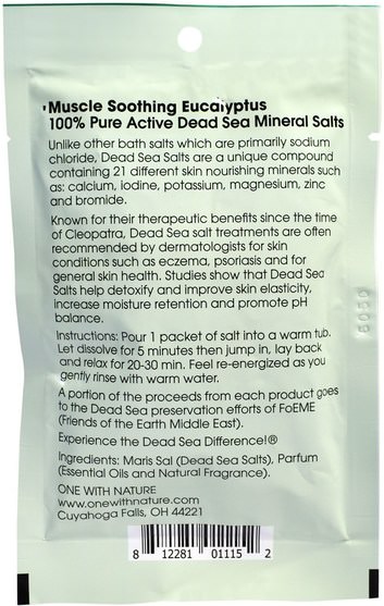 洗澡，美容，浴鹽 - One with Nature, Dead Sea Mineral Salts, Muscle Soothing, Eucalyptus, 2.5 oz (70 g)
