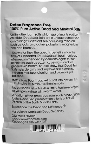 洗澡，美容，浴鹽 - One with Nature, Dead Sea Spa, Mineral Salts, Detox, 2.5 oz (70 g)
