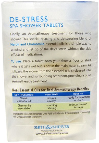 洗澡，美容，浴鹽 - Smith & Vandiver, De-Stress, Spa Shower Tablets, Neroli & Chamomile, 6 Aromatherapy Tablets, 8 oz (23 g) Each