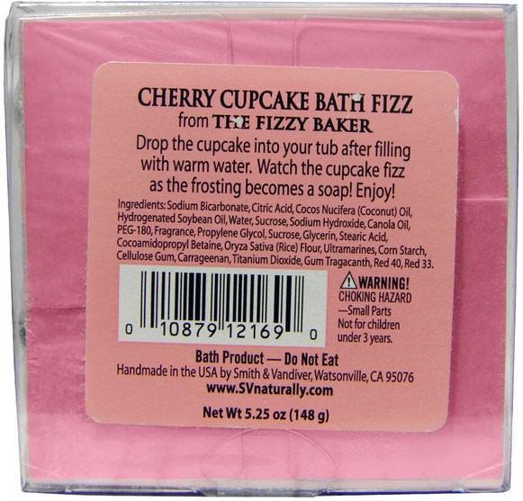 洗澡，美容，浴鹽 - Smith & Vandiver, The Fizzy Baker, Cupcake Bath Fizz, Cherry, 5.25 oz (148 g)