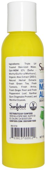 沐浴，美容，潤膚露，抗疼 - Sunfood, MSM Aloe Gel, Skin Revitalization, 4 fl oz (118.3 ml)