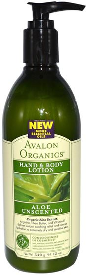 洗澡，美容，潤膚露 - Avalon Organics, Hand & Body Lotion, Aloe Unscented, 12 oz (340 g)