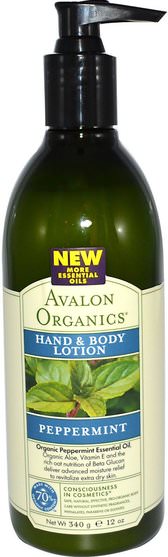 洗澡，美容，潤膚露 - Avalon Organics, Hand & Body Lotion, Peppermint, 12 oz (340 ml)