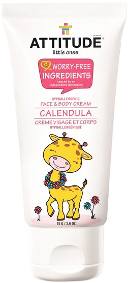 洗澡，美容，潤膚露，嬰兒潤膚露 - ATTITUDE, Little Ones, Calendula Face & Body Cream, 2.6 oz (75 g)