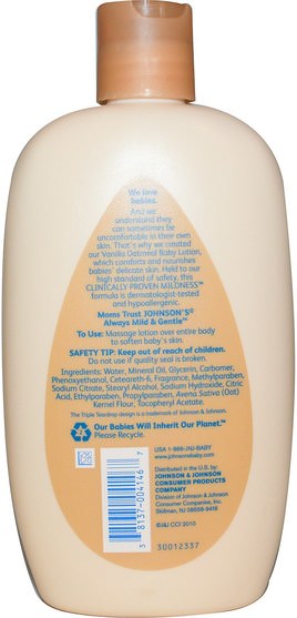 洗澡，美容，潤膚露，嬰兒潤膚露 - Johnsons Baby, Baby Lotion, Vanilla Oatmeal, 15 fl oz (443 ml)