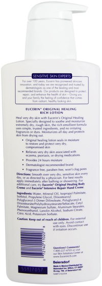 沐浴，美容，潤膚露，歐舒日常保濕 - Eucerin, Original Healing, Rich Lotion, Fragrance Free, 16.9 fl oz (500 ml)