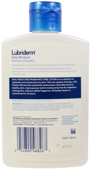 洗澡，美容，潤膚露 - Lubriderm, Daily Moisture Lotion, Normal to Dry Skin, Fragrance Free, 6 fl oz (177 ml)
