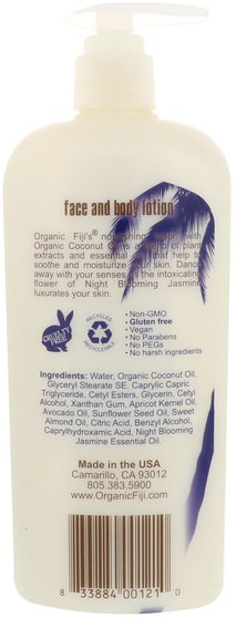洗澡，美容，潤膚露 - Organic Fiji, Face & Body Lotion with Organic Coconut Oil, Night Blooming Jasmine, 12 oz (354 ml)