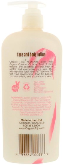 洗澡，美容，潤膚露 - Organic Fiji, Face & Body Lotion with Organic Coconut Oil, Tuberose, 12 oz (354 ml)