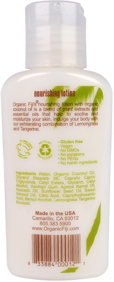洗澡，美容，潤膚露 - Organic Fiji, Nourishing Lotion, Lemongrass Tangerine, 3 oz (89 ml)