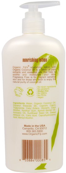 洗澡，美容，潤膚露 - Organic Fiji, Nourishing Lotion with Organic Coconut Oil, Fragrance Free, 12 oz (354 ml)