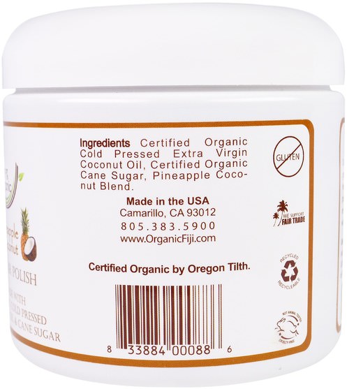 洗澡，美容，身體磨砂，面部去角質 - Organic Fiji, Sugar Polish, Pineapple Coconut, 20 oz (566 g)
