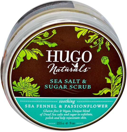 洗澡，美容，身體磨砂 - Hugo Naturals, Sea Salt & Sugar Scrub, Sea Fennel & Passionflower, 9 oz (255 g)
