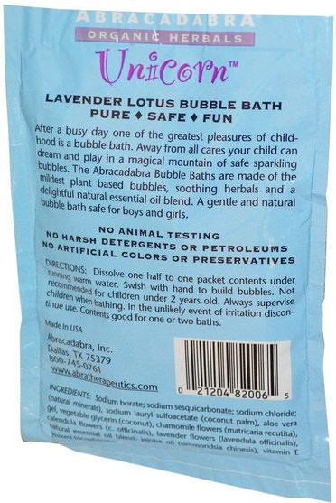 洗澡，美容，泡泡浴鹽 - Abra Therapeutics, Unicorn, Lavender Lotus Bubble Bath, 2.5 oz (71 g)