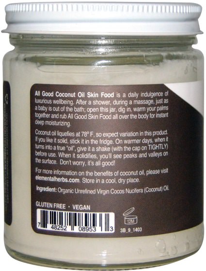 沐浴，美容，椰子油皮 - All Good Products, Organic Coconut Oil, Skin Food, Coconut, 7.5 fl oz (222 ml)