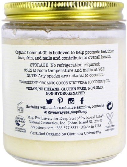 沐浴，美容，椰子油皮 - Deep Steep, 100% Organic USDA, Coconut Oil, 7 fl oz (208 ml)