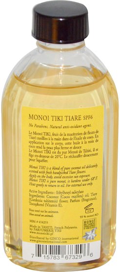 沐浴，美容，椰子油皮膚，面部護理，曬傷防曬 - Monoi Tiare Tahiti, Suntan Oil SPF 6 Protection Solaire, Tiare (Gardenia), 4 fl oz (120 ml)