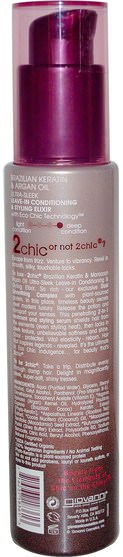 洗澡，美容，護髮素，髮型定型凝膠 - Giovanni, 2Chic, Ultra-Sleek Leave-In Conditioning & Styling Elixir, Brazilian Keratin & Argan Oil, 4 fl oz (118 ml)