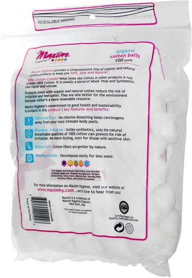 洗澡，美容，棉球拭子和輪 - Maxim Hygiene Products, Organic Cotton Balls, 100 Count