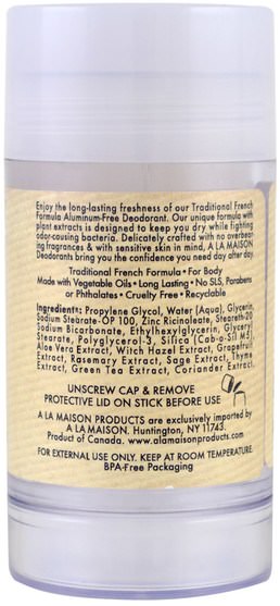 洗澡，美容，除臭劑 - A La Maison de Provence, Deodorant, Unscented, 2.4 oz (70 g)