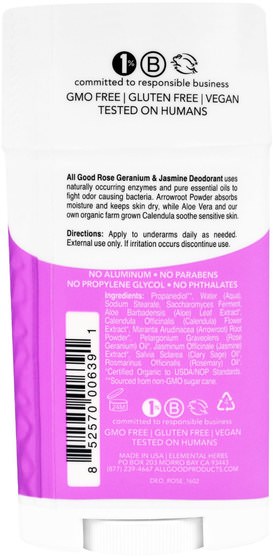 洗澡，美容，除臭劑 - All Good Products, All Good, Deodorant, Rose Geranium & Jasmine, 2.5 oz (72 g)