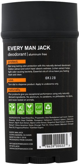 洗澡，美容，除臭劑 - Every Man Jack, Deodorant, Citrus, 3.0 oz (88 g)