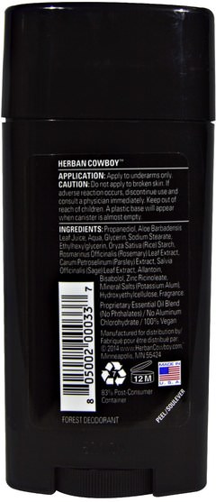 洗澡，美容，除臭劑 - Herban Cowboy, Forest, Maximum Protection Deodorant, 2.8 oz (80 g)