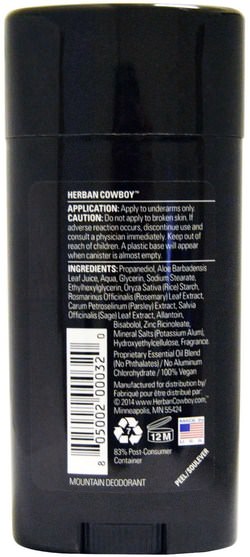 洗澡，美容，除臭劑 - Herban Cowboy, Maximum Protection Deodorant, Mountain, 2.8 oz (80 g)