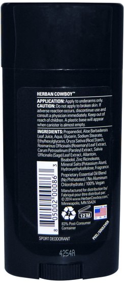洗澡，美容，除臭劑 - Herban Cowboy, Sport, Maximum Protection Deodorant, 2.8 oz (80 g)