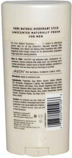 洗澡，美容，除臭劑 - Jason Natural, Deodorant Stick for Men, Unscented, 2.5 oz (71 g)
