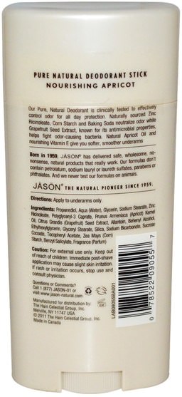 洗澡，美容，除臭劑 - Jason Natural, Deodorant Stick, Nourishing Apricot, 2.5 oz (71 g)