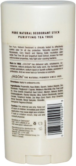 洗澡，美容，除臭劑 - Jason Natural, Deodorant Stick, Purifying Tea Tree, 2.5 oz (71 g)