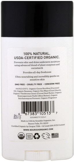 洗澡，美容，除臭劑 - Nourish Organic Organic Deodorant Stick, Fresh & Dry, Forest, 2.2 oz (62 g)