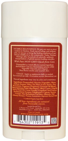 洗澡，美容，除臭劑 - Nubian Heritage, 24 Hour All Natural Deodorant, Honey & Black Seed with Wild Honey & Apricot Oil, 2.25 oz (64 g)