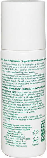 沐浴，美容，除臭劑，滾裝除臭劑 - Aubrey Organics, E Plus High C, Natural Roll-On Deodorant, 3 fl oz (89 ml)
