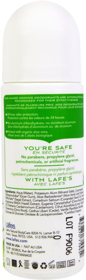 沐浴，美容，除臭劑，滾裝除臭劑 - Lafes Natural Body Care, Roll On Deodorant, Fresh, Cedar & Aloe, 2.5 oz (71 g)