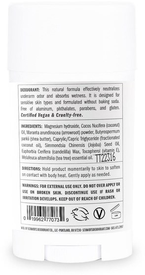 洗澡，美容，除臭劑 - Schmidts Natural Deodorant, Sensitive Skin Formula, Tea Tree, 3.25 oz (92 g)