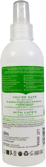 洗澡，美容，除臭噴霧，腳部護理 - Lafes Natural Body Care, Deodorant Spray, Aloe, Unscented, 8 oz (236 ml)