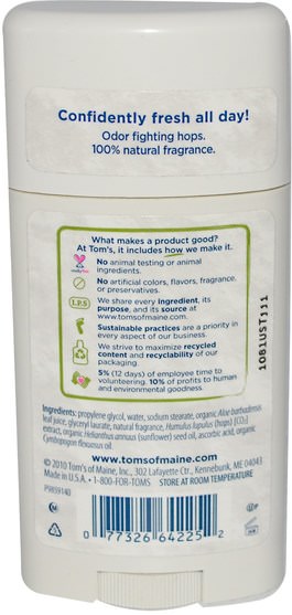 洗澡，美容，除臭劑 - Toms of Maine, Natural Long Lasting Deodorant, Aluminum-Free, Maine Woodspice, 2.25 oz (64 g)