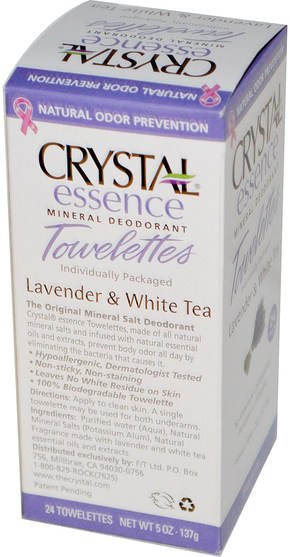 洗澡，美容，除臭女性 - Crystal Body Deodorant, Crystal Essence Mineral Deodorant, Lavender & White Tea, 24 Towelettes 