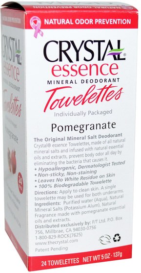 洗澡，美容，除臭女性 - Crystal Body Deodorant, Crystal Essence Mineral Deodorant Towelettes, Pomegranate, 24 Towelettes, 0.1 oz (4 g) Each