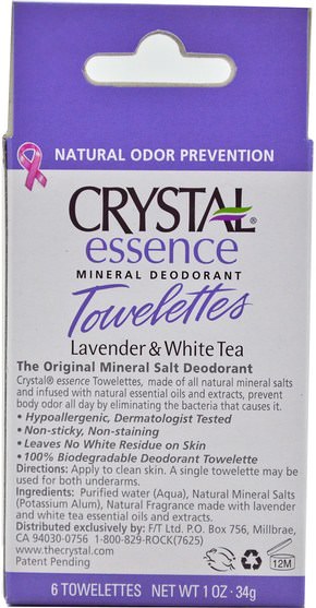 洗澡，美容，除臭女性 - Crystal Body Deodorant, Essence Mineral Deodorant Towelettes, Lavender & White Tea, 6 Towelettes, 0.1 oz (34 g) Each