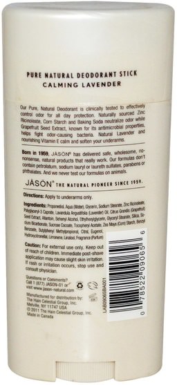 洗澡，美容，除臭女性 - Jason Natural, Pure Natural Deodorant Stick, Calming Lavender, 2.5 oz (71 g)