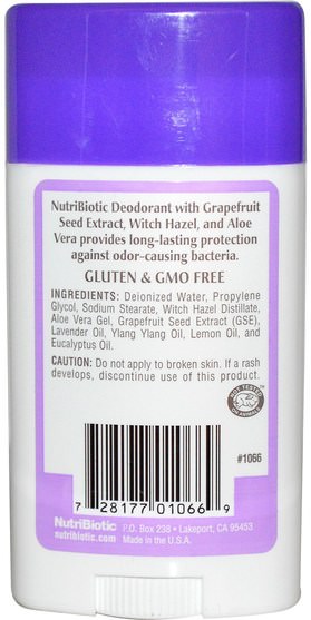 洗澡，美容，除臭女性 - NutriBiotic, Long Lasting Deodorant Stick, Lavender, 2.6 oz (75 g)